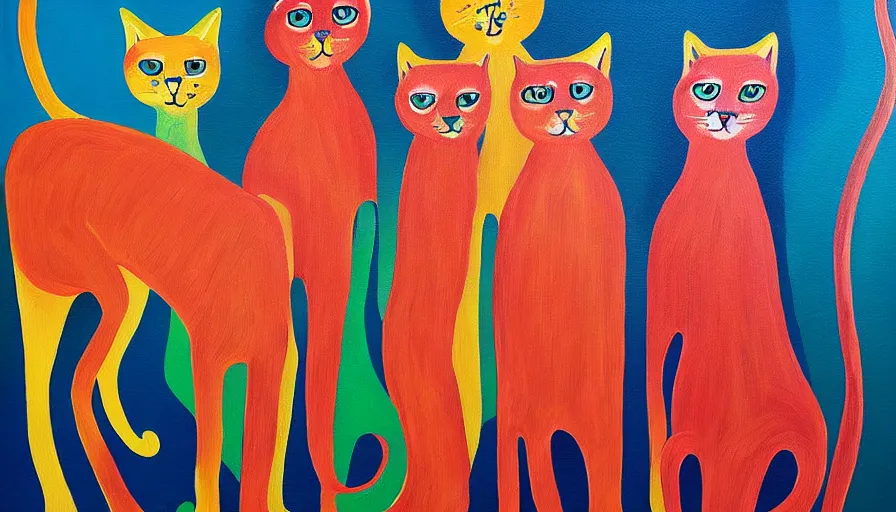 Image similar to messy acrylic painting of really tall cats by daniel patrick kessler, kessler art