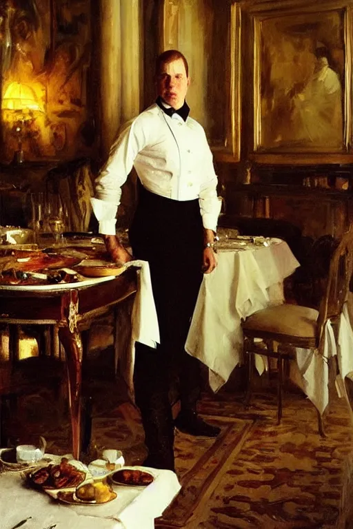 Image similar to portrait of a respectable dignified royal business elite politician standing on top of a finely set table calmly stepping in the food art by anders zorn, wonderful masterpiece by greg rutkowski, beautiful cinematic light, american romanticism by greg manchess, jessica rossier