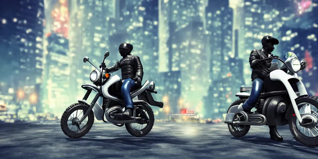 Prompt: futuristic rider on a yamaha tw 2 0 0 motorcycle, cityscape, 3 d art, c 4 d, render, 8 k, hd