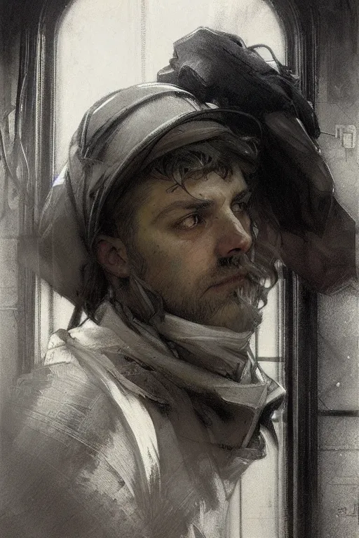 Image similar to portrait sketch of a train engineer by jeremy mann and alphonse mucha, fantasy art, realistic drawing, dynamic lighting, artstation, poster, volumetric lighting, very detailed faces, 4 k, award winning