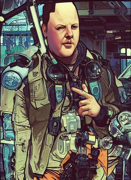 Image similar to cyberpunk paul blart falling down escalator. portrait by ashley wood and alphonse mucha and laurie greasley and josan gonzalez and james gurney. spliner cell, apex legends, rb 6 s, hl 2, d & d, cyberpunk 2 0 7 7. realistic face. vivid color. dystopian setting.
