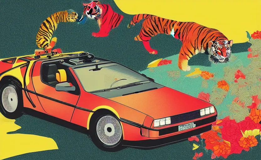 Image similar to a red delorean x a yellow tiger, art by hsiao - ron cheng & utagawa kunisada in magazine collage style,