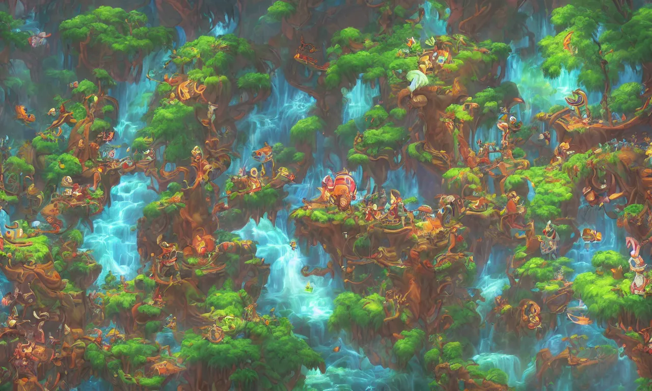 Image similar to A beautiful painting of dreamscape dofus jungle winter in Xenoblade Chronicles video game land world screenshot by Carl Warner and Jim Woodring, Trending on artstation:1.5, sweet joy harmony color scheme white,black,light,fire:-1