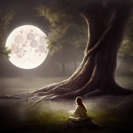 Image similar to a girl sits on the roots of an ancient tree looking at the reflection of the moon in a pond, the moon can be glimpsed through the trees, towering forest veiled by fog, dark fantasy, night time, realistic painting