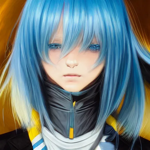 Image similar to profile shot of rimuru tempest, sky blue, straight hair, long bangs, | gold colored eyes | wearing a black jacket with white stripes, very high collar, highly detailed, unreal engine 5, digital painting, cinematic, wlop | artgerm, pixiv, yoshitaka amano, greg rutkowski, ilya kuvshinov, andy warhol