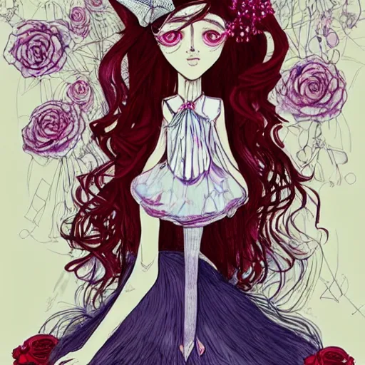 Prompt: Alice in Wonderland at the tea party, she looks like a mix of grimes and zoë kravitz, very long fingernails, childlike, hair and dress billowing dramatically in the wind, wearing heaving stacks of pearl necklaces, surrounded by red and white roses, digital illustration, inspired by a stylistic blend of Æon Flux by Peter Chung, Japanese shoujo manga, and murals by Shepard Fairey, hyper detailed!!! dreamlike, otherworldly and ethereal!!!!, delicate, flower petals, super photorealistic!! extremely fine inking lines, gradient colors