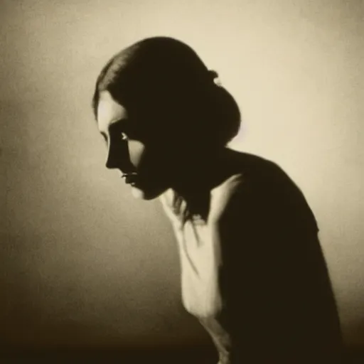 Image similar to film still of a young female with dark features decaying with the thought of her life ahead of her, despondent, waiting in search of some other place, moonlit night, dark mood, accentuated shadows, in style of william mortensen