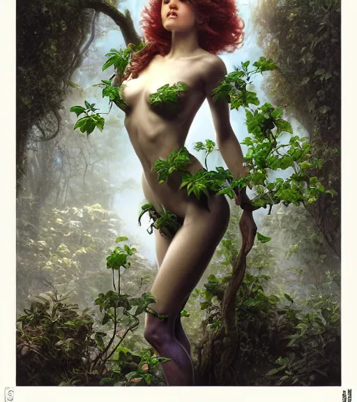 Image similar to beautiful poison ivy, beautiful gorgeous, photo realistic, 8 k, epic, ultra detailed, by gustave dore, by marco turini, by artgerm, deviantart in the style of tom bagshaw, cedric peyravernay, peter mohrbacher by william - adolphe bouguereau, by frank frazetta, symetrical features, joyful