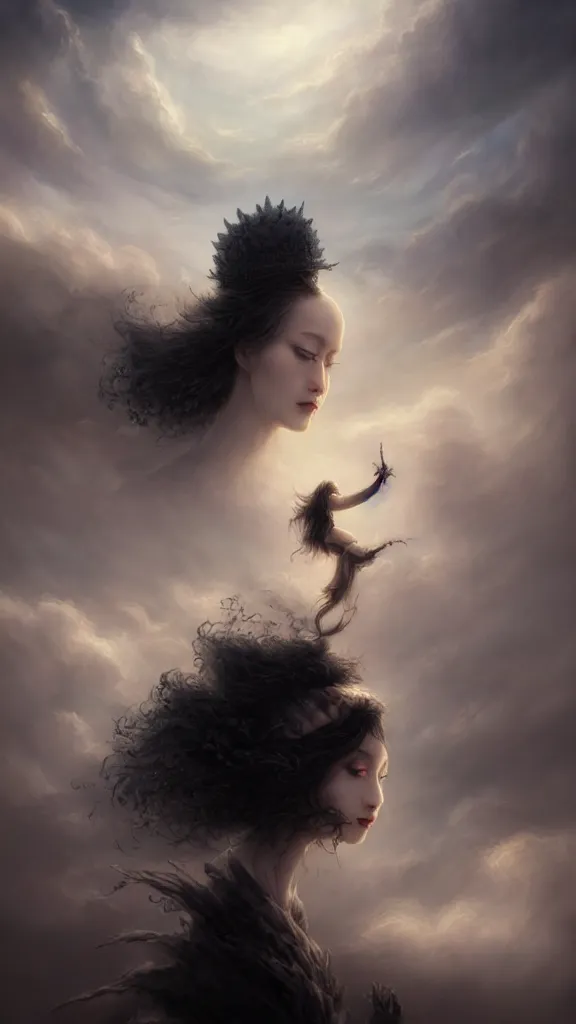 Prompt: a woman with very black hair and pale skin with a crown on her head walk on the clouds, in the style of tomasz alen kopera and fenghua zhong and peter mohrbacher, mystical colors, rim light, beautiful lighting, 8 k, stunning scene, raytracing, octane, trending on artstation,