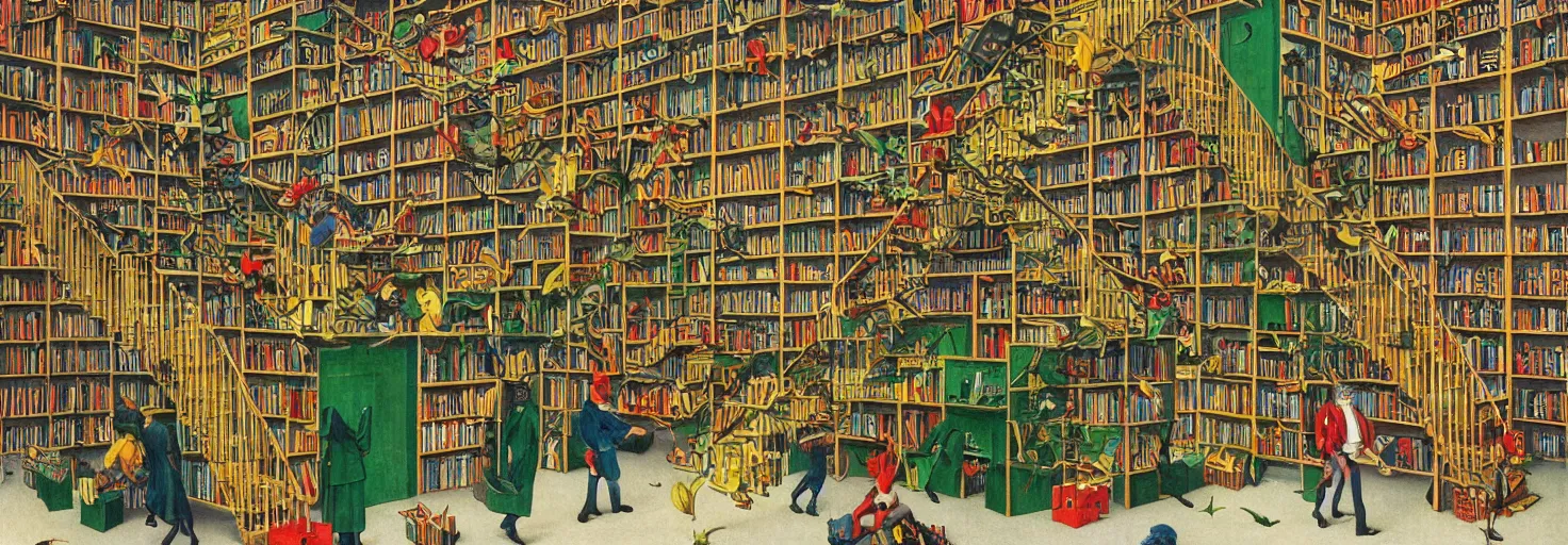 Prompt: a book store, customers are rabbit, by m. c. escher, yellow, green, red, snowy, ultra sharp, ultra detailed, happy, uplifting, colorized by salvador dali