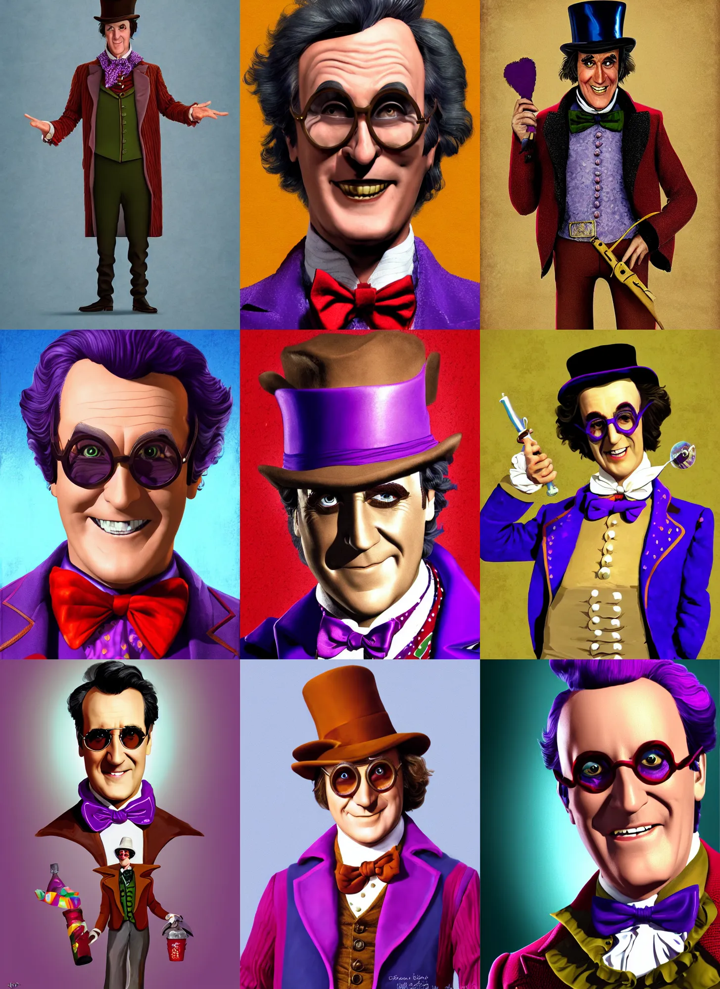 Prompt: character portrait of willy wonka played by bruce campbell, digital art, trending on artstation