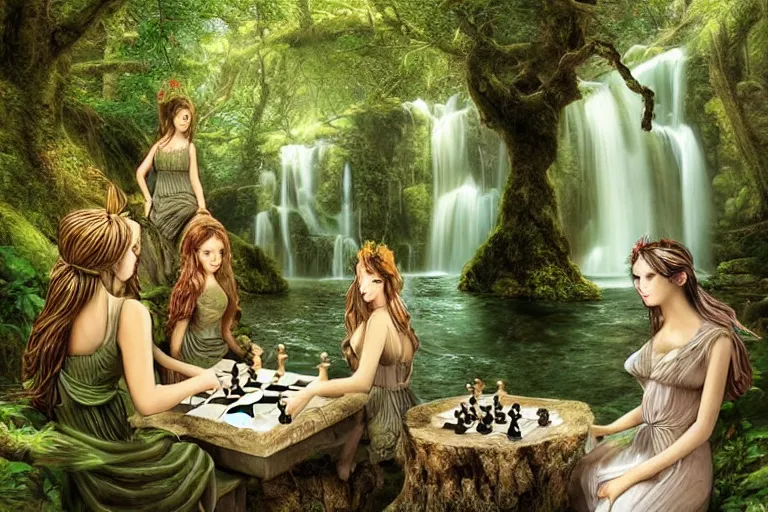 Image similar to beautiful forest dryads playing a quiet game of chess by a mystical waterfall, tranquil scene