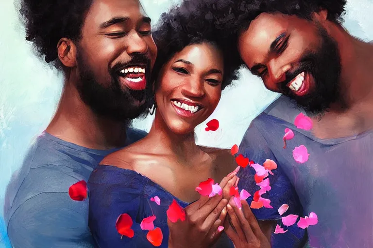 Image similar to portrait of a happy black couple posing together, holding hands surrounded by falling flower petals, digital painting by artgerm and face by wlop