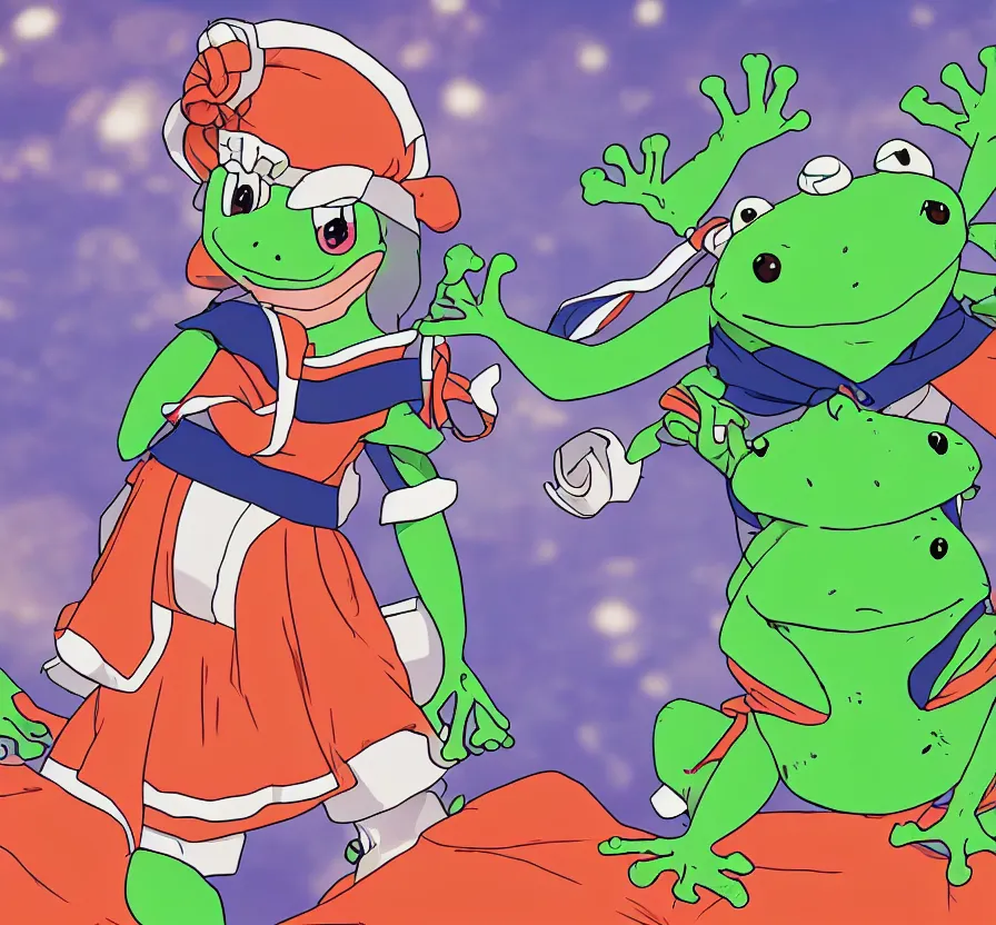 Prompt: animated chini frog wearing a anime sailor uniform, cell - shaded, well - designed, cinematics lighting, colorful