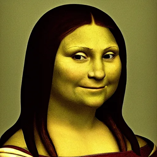 Prompt: A portrait of Shrek!!!! in the style of the Mona Lisa, by Leonardo Da Vinci, chiaroscuro, museum catalog photography,