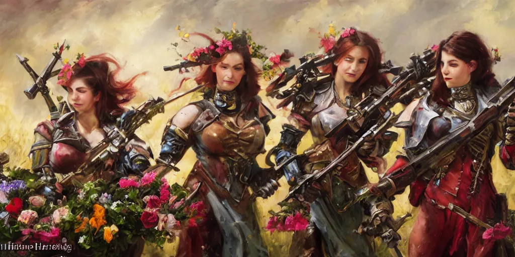 Image similar to warhammer battle sisters aiming their rifles at a bouquet of flowers. by Daniel F. Gerhartz, hyperrealistic oil painting, 4k, studio lightning, very detailed, rtx on