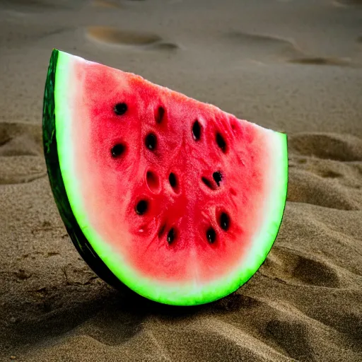 Prompt: a high quality photo of big ripe watermelon on a sandy beach