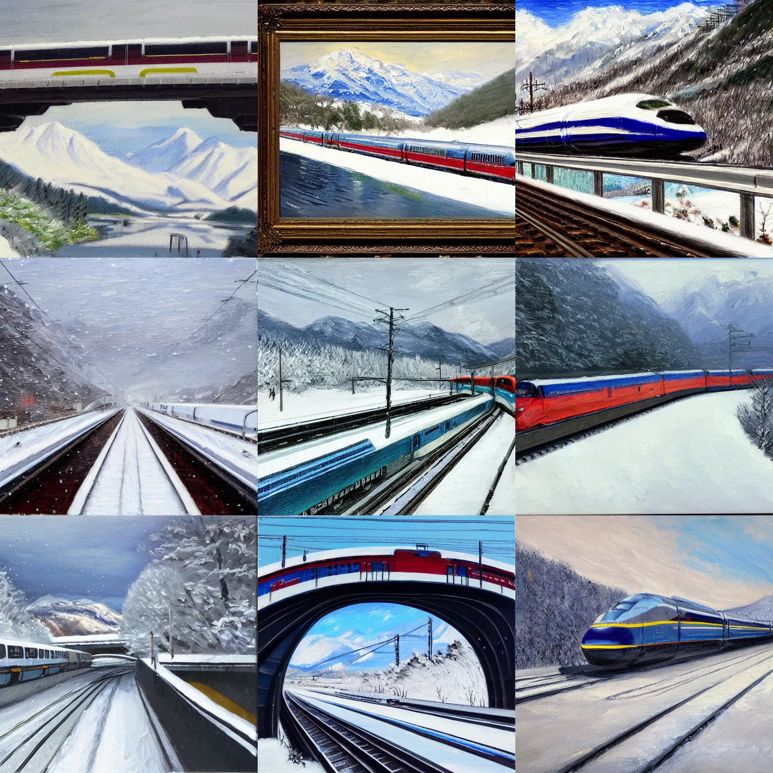 Prompt: shinkansen on a bridge over a river, about to enter a tunnel in a mountainous landscape of snow capped peaks and it is currently snowing, realistic oil painting, impressionism