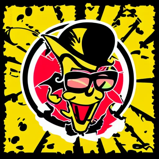 Prompt: vector rave hotrod style logo for an anarchist collective called poppin kernel with an anthropomorphic popcorn on fire with mirrorshades