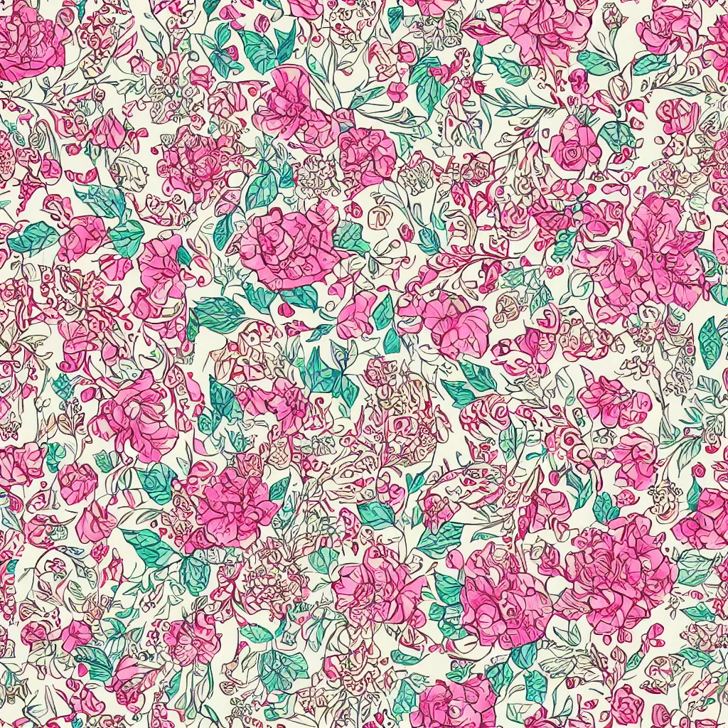 Prompt: ornate decorative floral pattern, seamless, digital asset, line art, watercolour, pretty flowers, leaves, cluttered, photorealistic, pbr, 8 k, 3 0 0 dpi cath kidston, emma bridgewater, paperchase - n 9