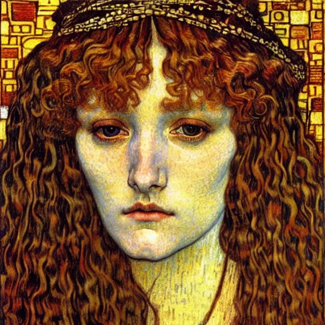 Image similar to detailed realistic beautiful young medieval queen face portrait by jean delville, gustav klimt and vincent van gogh, art nouveau, symbolist, visionary, gothic, pre - raphaelite, muted earthy colors, desaturated