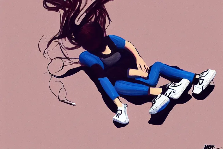 Image similar to a ultradetailed painting of a stylish woman laying on the ground, she is wearing nike air force 1 sneakers, trending on artstation