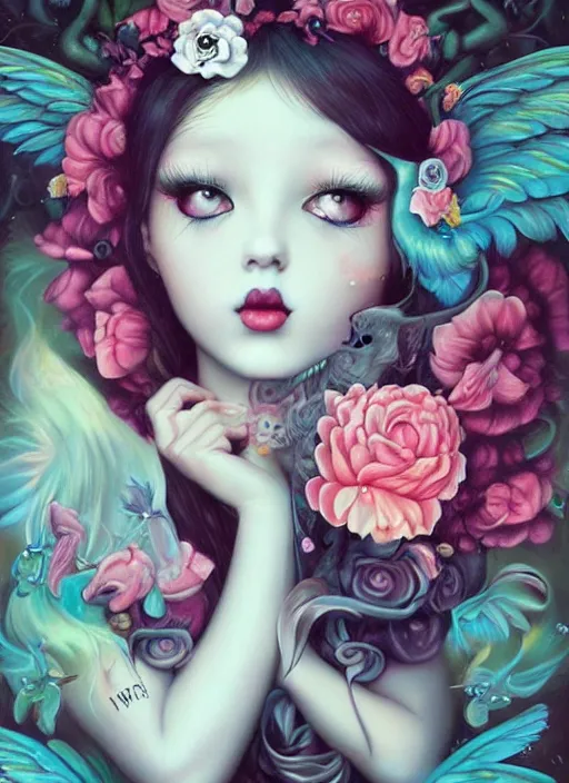 Image similar to pop surrealism, lowbrow art, realistic cute girl painting, japanese street fashion, hyper realism, vivid colours, rococo, natalie shau, loreta lux, tom bagshaw, mark ryden, trevor brown style,