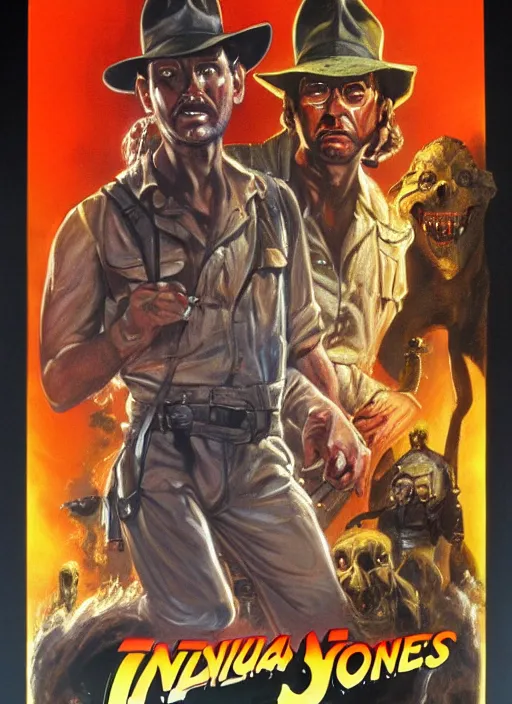 Prompt: science fiction 1 9 8 6 poster for indiana jones and the ghostbusters. oil on canvas. print.