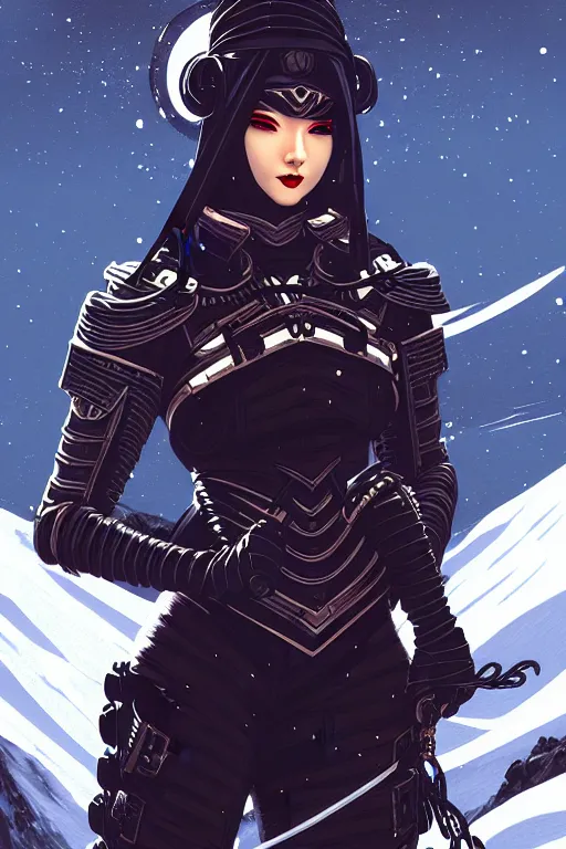 Image similar to portrait ninja gaiden black girl, armored dieselpunk wardrobe, at snowy fuji mountain moonlight, sci - fi and fantasy, intricate and very beautiful and elegant, highly detailed, digital painting, artstation, concept art, smooth and sharp focus, ( ( illustration, art by tian zi and wlop and alphonse mucha ) )