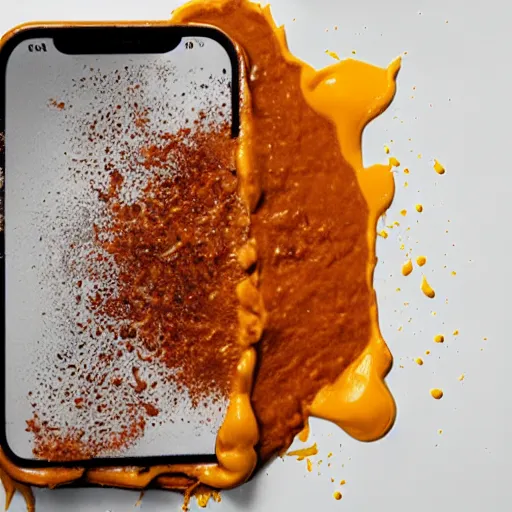 Image similar to smashed phone, covered in molten nacho cheese