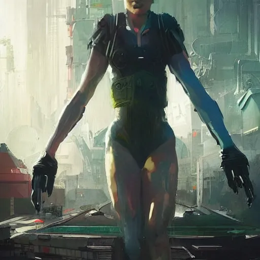 Image similar to milla jovovich looks to the camera in the foreground of art by greg rutkowski scifi future neon city