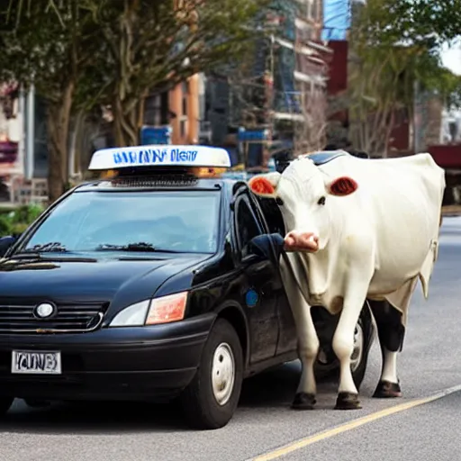 Prompt: a dairy cow driving a taxicab