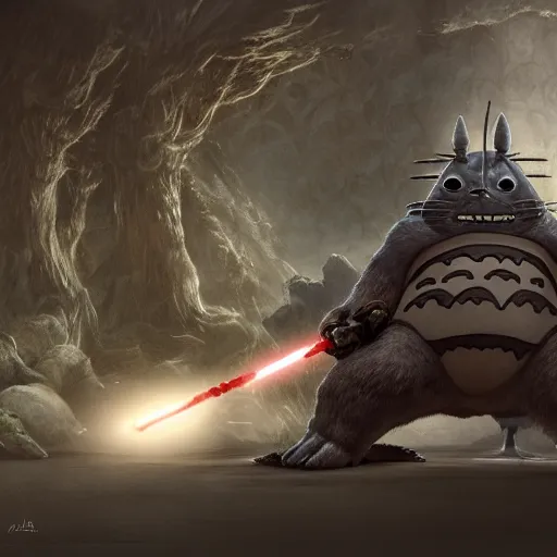 Image similar to totoro jedi slaying a sith lord, intricate detail, royo, klimt, miro, vallejo, frazetta, giger, whealan, hd, unreal engine,