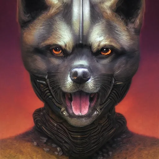 Image similar to demigod black armor, anthropomorphic shiba inu, shiba inu face, demigod, stuning 3 d render, masterpiece, glowing aura, by donato giancola and greg rutkowski and wayne barlow and zdzisław beksinski, realistic face