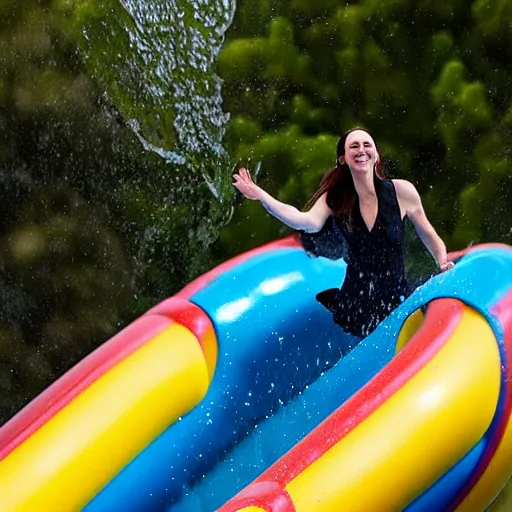 Image similar to 4 k photograph of jacinda ardern riding a waterslide.