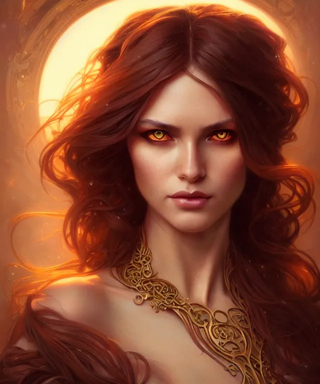 Image similar to fantasy magic woman portrait, sci-fi, amber eyes, face, long hair, fantasy, intricate, elegant, highly detailed, digital painting, artstation, concept art, smooth, sharp focus, illustration, art by artgerm and greg rutkowski and alphonse mucha