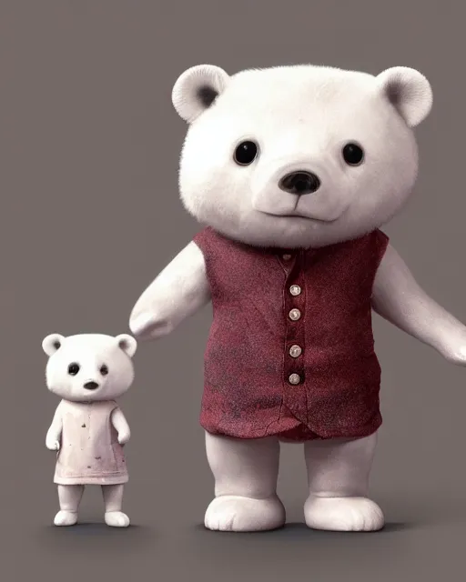 Image similar to cute porcelain ice bear doll, mark ryden style, vivid colors, high details, cinematic, 8 k resolution, beautiful detailed, photorealistic, digital painting, dark atmosphere, artstation, concept art, smooth, sharp focus, illustration, fantasy background, artstation trending, octane render, unreal engine