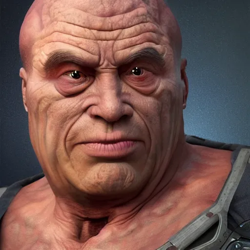 Image similar to hyperrealistic mixed media high resolution image of Kuato from Total Recall whose face resembles that of Danny DeVito, stunning 3d render inspired art by István Sándorfi and Greg Rutkowski and Unreal Engine, perfect symmetry, dim volumetric lighting, 8k octane beautifully detailed render, post-processing, extremely hyper-detailed, intricate, epic composition, highly detailed attributes, highly detailed atmosphere, full body shot, cinematic lighting, masterpiece, trending on artstation, very very detailed, masterpiece, stunning, flawless structure, lifelike texture, perfection,