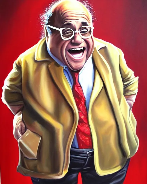 Image similar to painting portrait of danny devito as a rum ham, cartoon, warm lighting, danny devito has a rum ham body, danny devito's face on a rum ham. movie poster, trending on art station