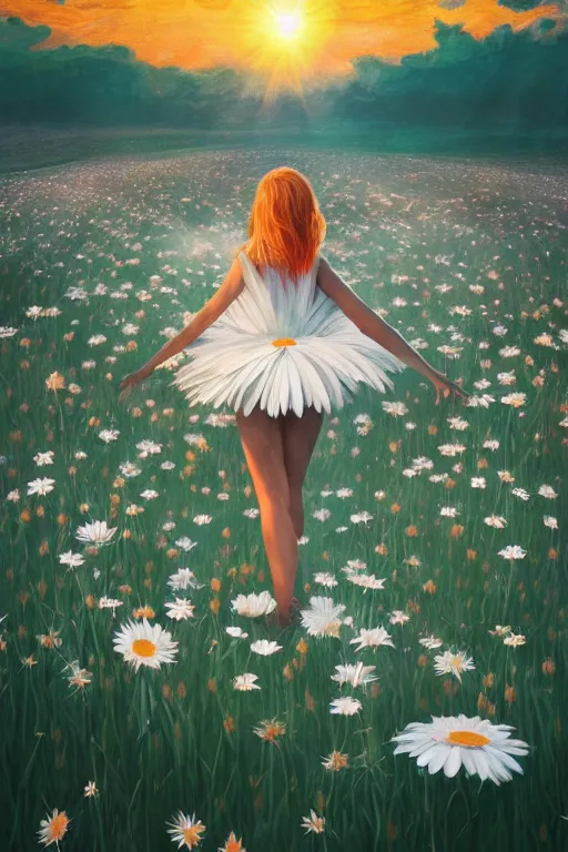 Image similar to giant white daisy flower as head, full body girl dancing in a flower field, surreal photography, sunrise, dramatic light, impressionist painting, colorful clouds, digital painting, artstation, simon stalenhag