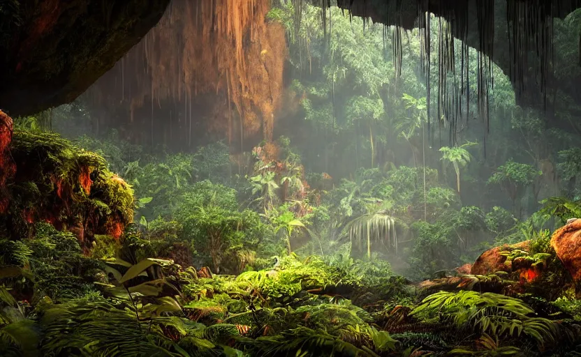 Image similar to a beautiful render of a dark prehistoric rainforest in a humongous cave, lush flora, patches of yellowish - red - magenta sky, sunset lighting, fireflies, floating mountains and a waterfall in the background, intricate detail, hazy, humid, volumetric lighting, god rays, 8 k, photorealistic, raytracing effects, unreal engine 5