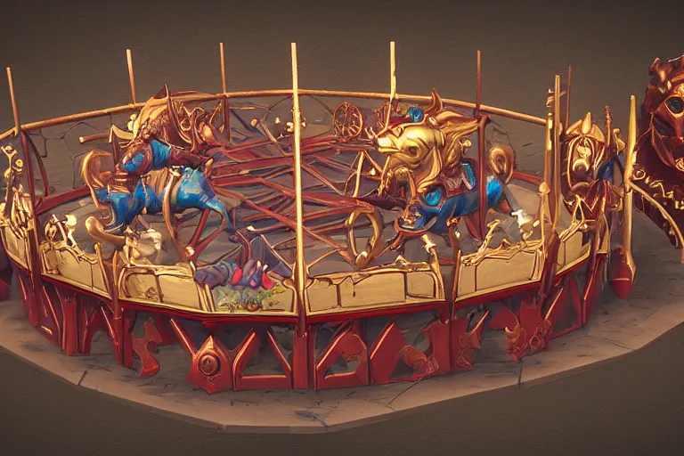 Image similar to 3d sculpt of an evil ironwork carousel, artstaton, League of Legends, red dead redemption2, overwatch, digital illustration