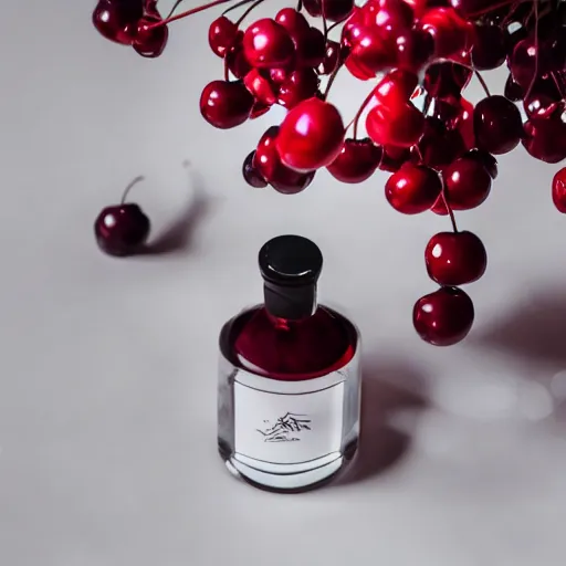 Prompt: perfume bottle and artistic dark red cherries and white flowers, realistic, up close shot, white background, zen, cool light, modern minimalist f 2 0