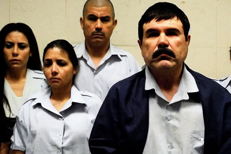 Image similar to el chapo is meditating with his 3 wives in the middle of a prison cell. he is a pimp. the female correctional officer has a crush on him.