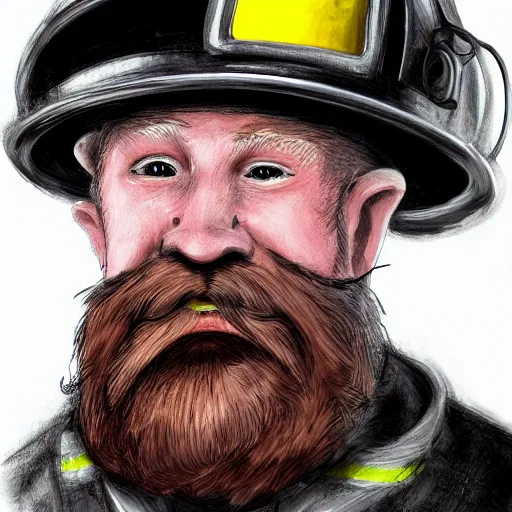 Image similar to An old man with a ginger beard, wearing a fire fighters helmet, highly detailed, digital art, sharp focus, trending on art station, anime art style