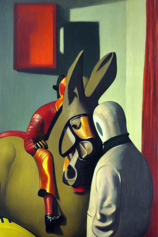 Image similar to man in horse costume, horse in costume astronaut, horse racing, hauntingly surreal, highly detailed painting by francis bacon, edward hopper, adrian ghenie, gerhard richter, and james jean soft light 4 k,