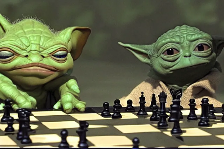 Prompt: pepe the frog playing chess with yoda in a scene from'the empire strikes back ', hyper realistic, cinematic