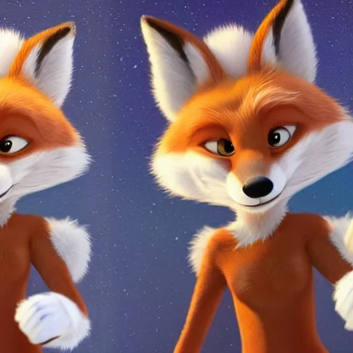 Image similar to full body shot of a anthropomorphic female fox with short white fur covering her body in the style of zootopia, far shot, top down view, 1 0 feet from the carma