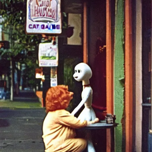 Prompt: 1976 color archival photo of a woman and a puppet that looks like Caspar the Friendly Ghost, in a sidewalk cafe, 16mm film soft color, earth tones and soft color 1976, archival footage, in style of doris wishman russ meyer, woman looks like gilda radner