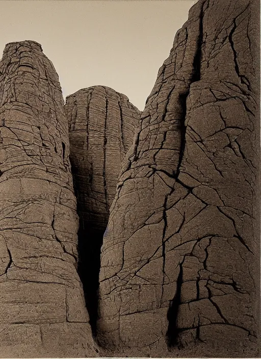 Image similar to Line wrawing by John Wesley Powell of towering rock formations carved by the wind, surrounded by sparse vegetation, sepia toned, Smithsonian American Art Museum.